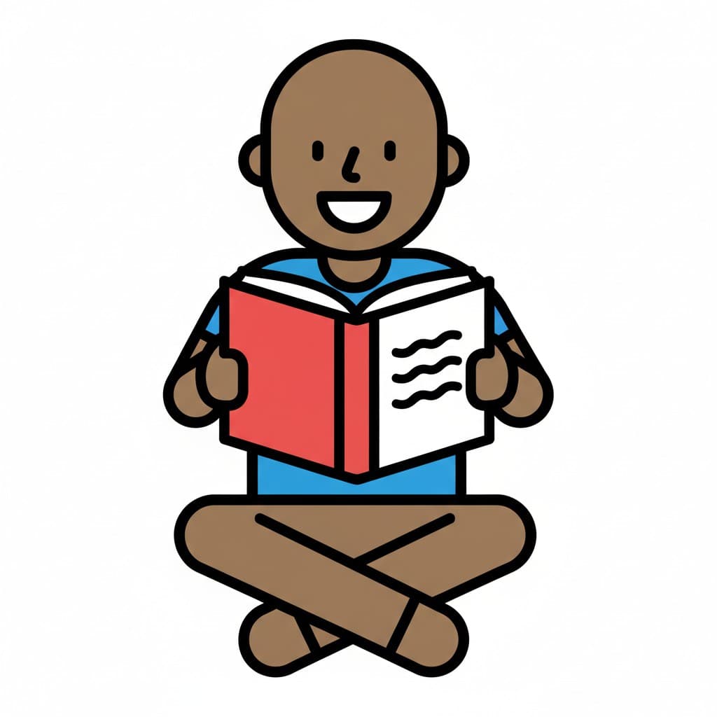 En person sitter i skräddarställning och läser glatt en öppen bok.