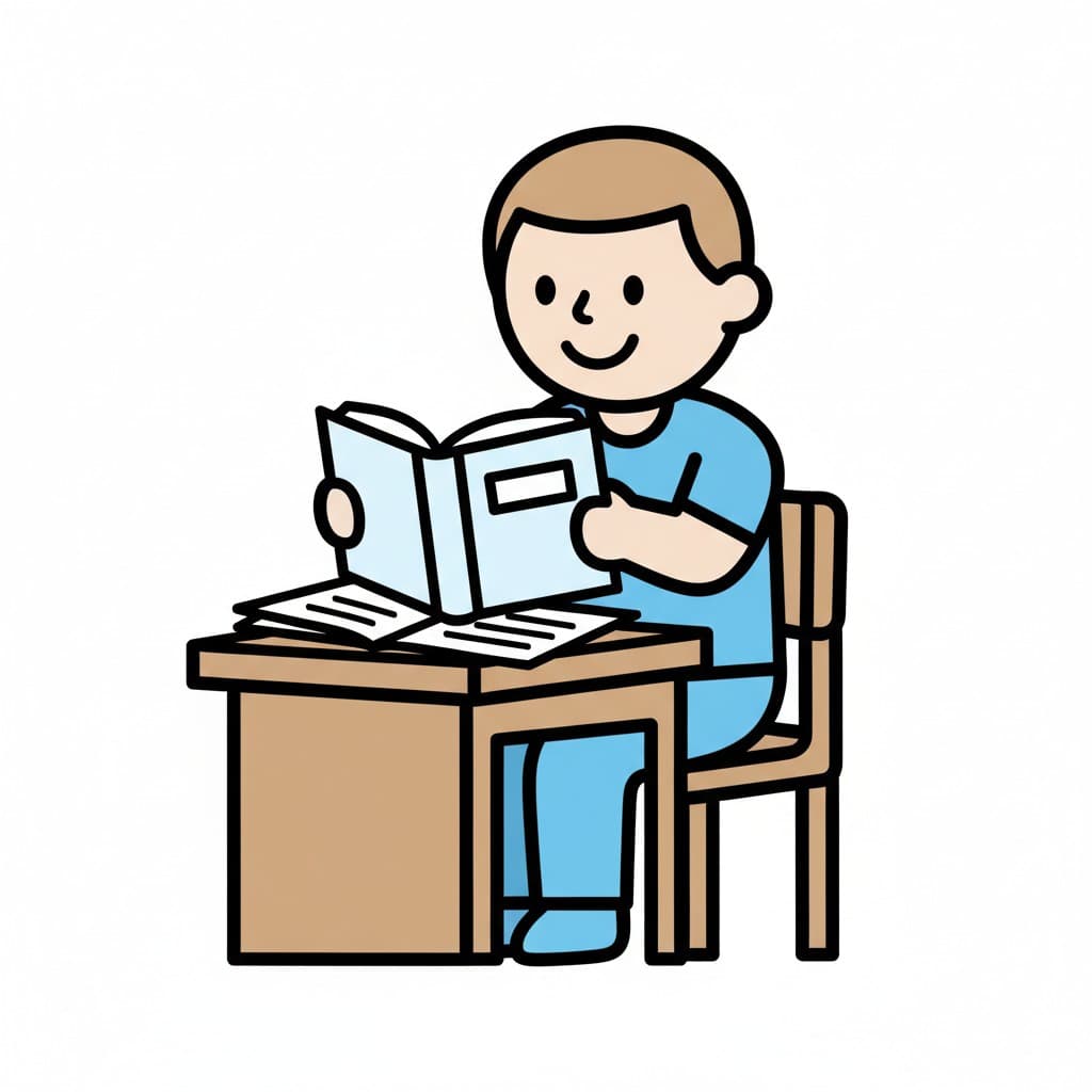 A boy sits at a desk reading a book. There are papers on the desk.