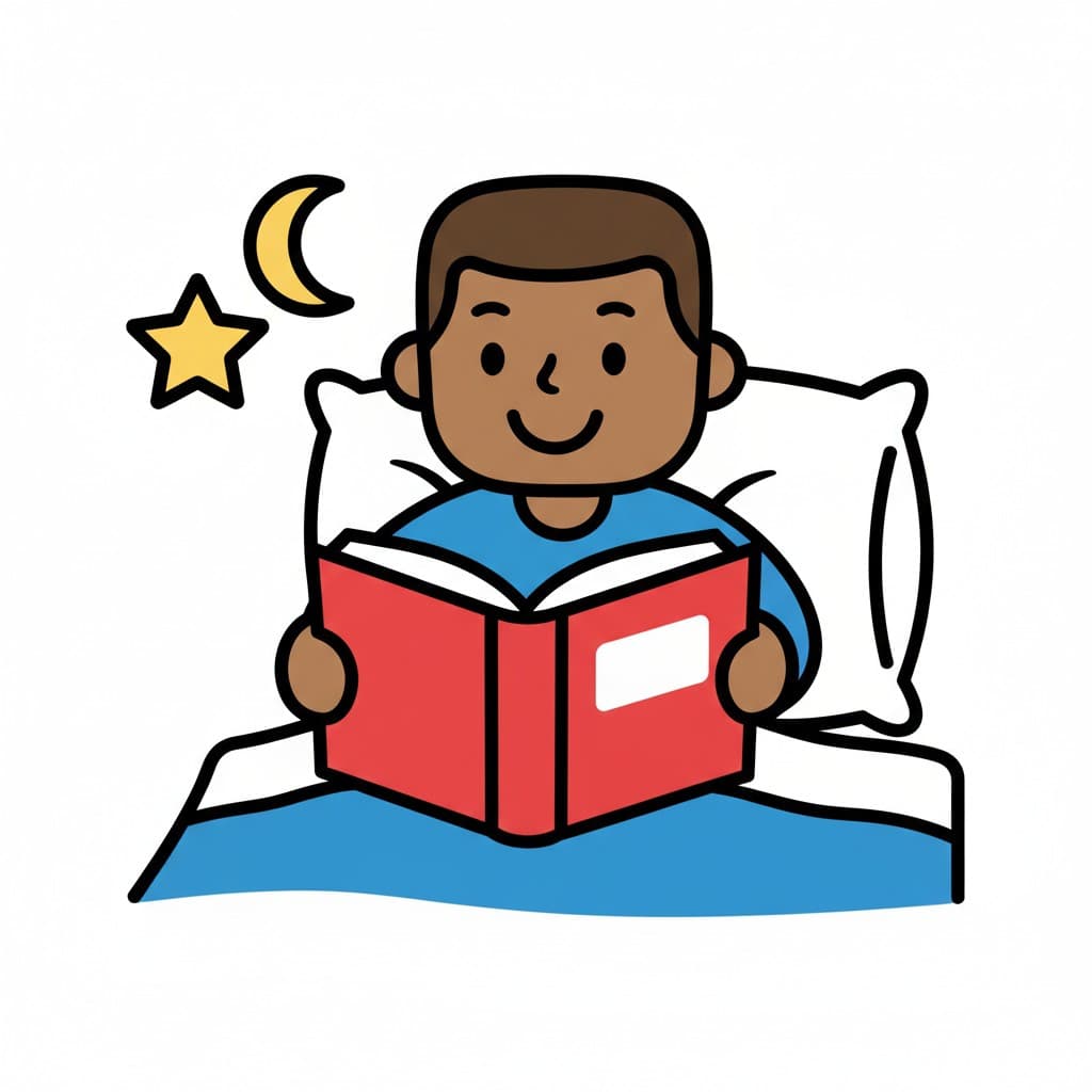 A boy is sitting in bed with a pillow behind him, reading a red book. A yellow star and moon are next to him, indicating night.
