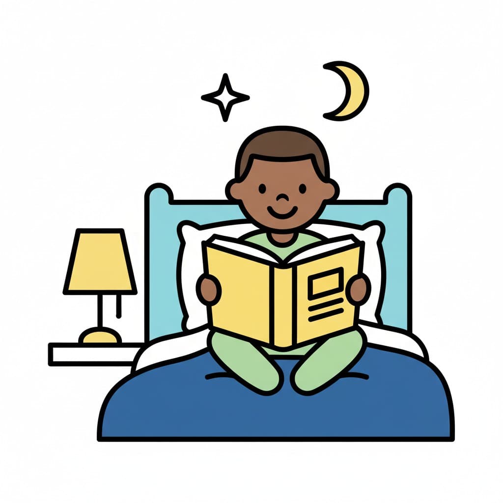 En gutt sitter i sengen og leser en bok. En lampe står på et nattbord. En måne og en stjerne i bakgrunnen indikerer kveld.