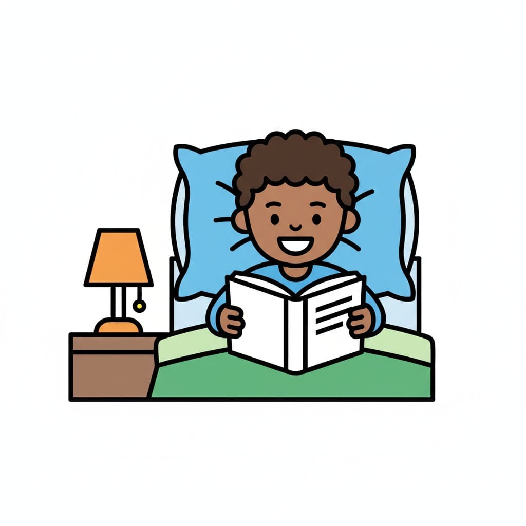 A boy is lying in bed reading a book, with a bedside lamp next to him.