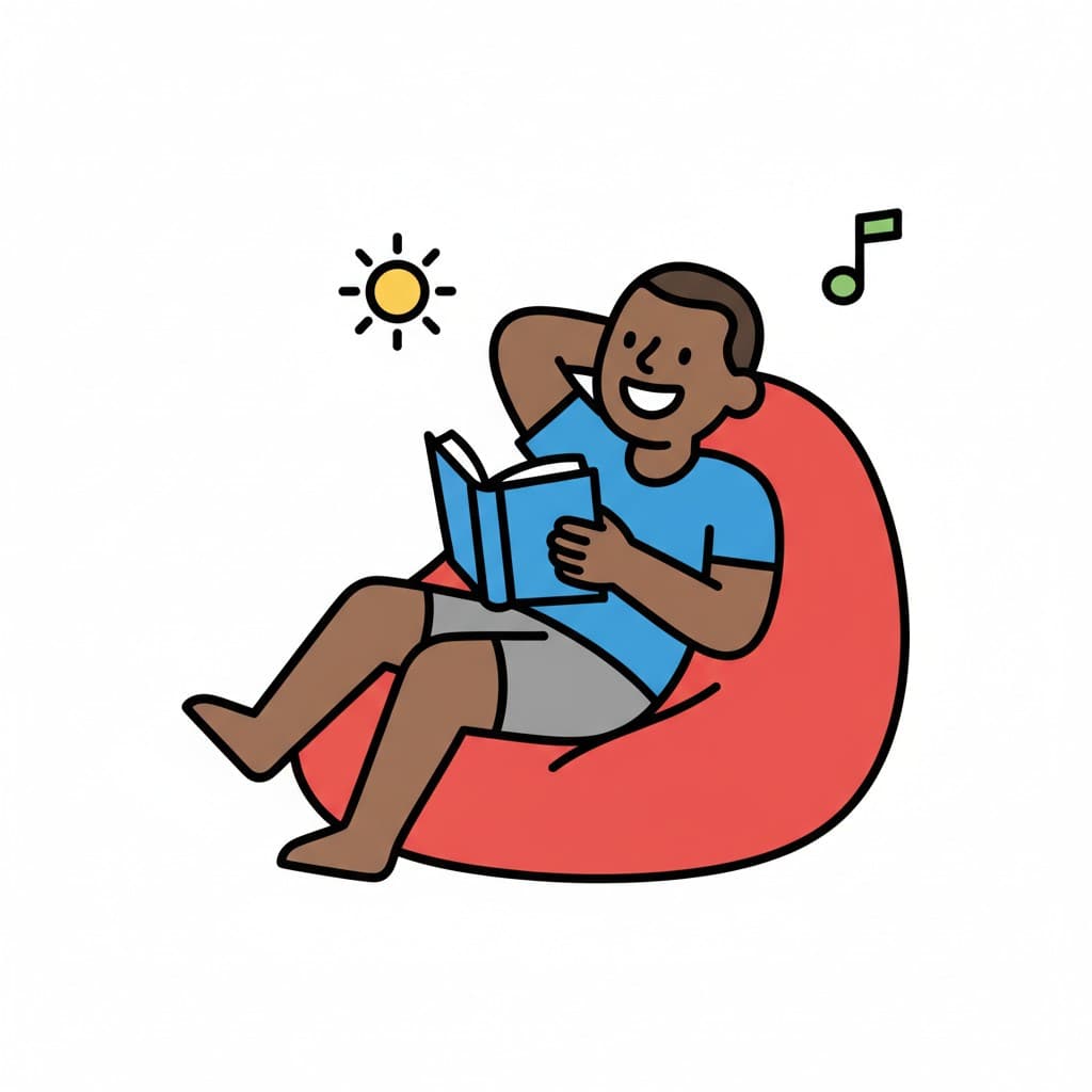 En pojke sitter i en röd saccosäck och läser glatt en bok, med symboler för sol och musik i närheten, vilket avbildar en avkopplande stund.