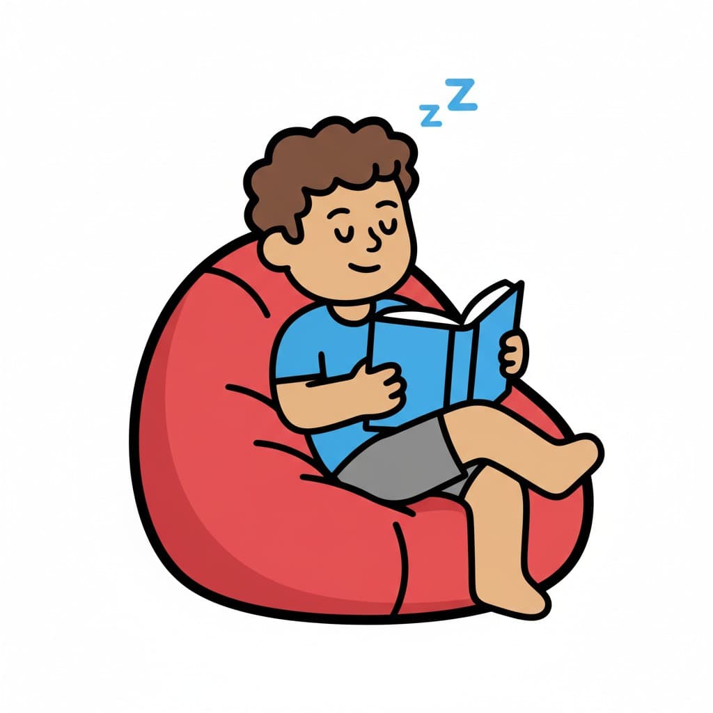 En pojke sitter bekvämt i en röd saccosäck och håller en öppen blå bok. Hans ögon är slutna och 'Zz'-symboler svävar ovanför hans huvud, vilket antyder att han vilar eller har somnat medan han läser.