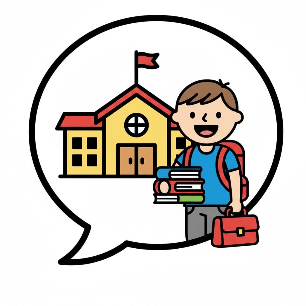 A happy boy with a backpack holds books and a bag in front of a school