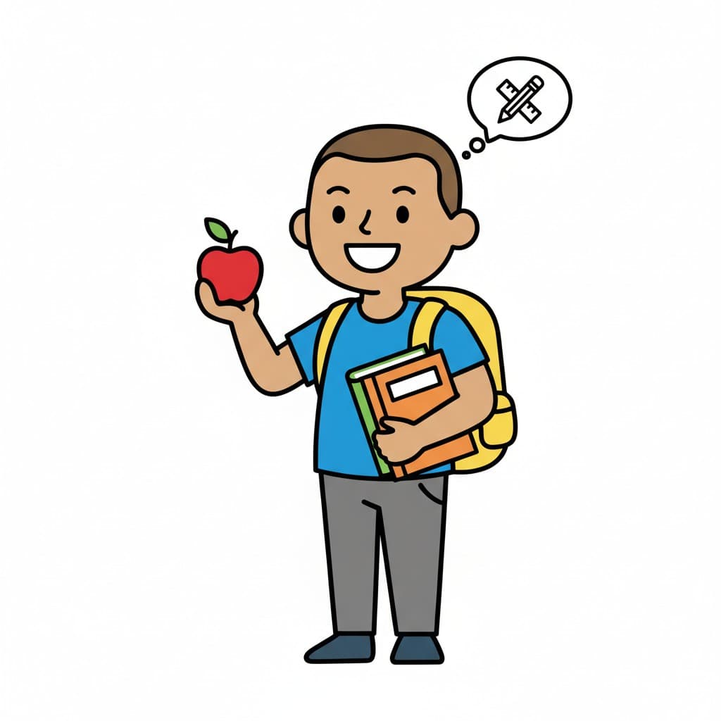 En pojke med ryggsäck håller ett äpple och böcker, redo att gå till skolan.