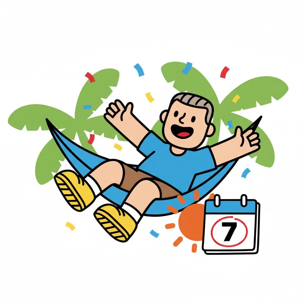 En glad pojke gungar i en hängmatta bredvid en kalender med siffran sju.