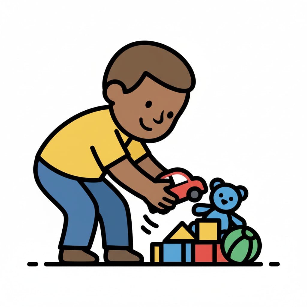 En glad pojke plockar upp en röd leksaksbil från en hög med andra leksaker, som byggklossar, en nalle och en boll.