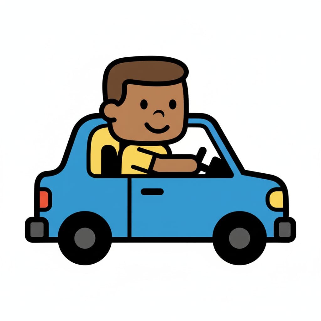 En tecknad pojke kör en blå bil.