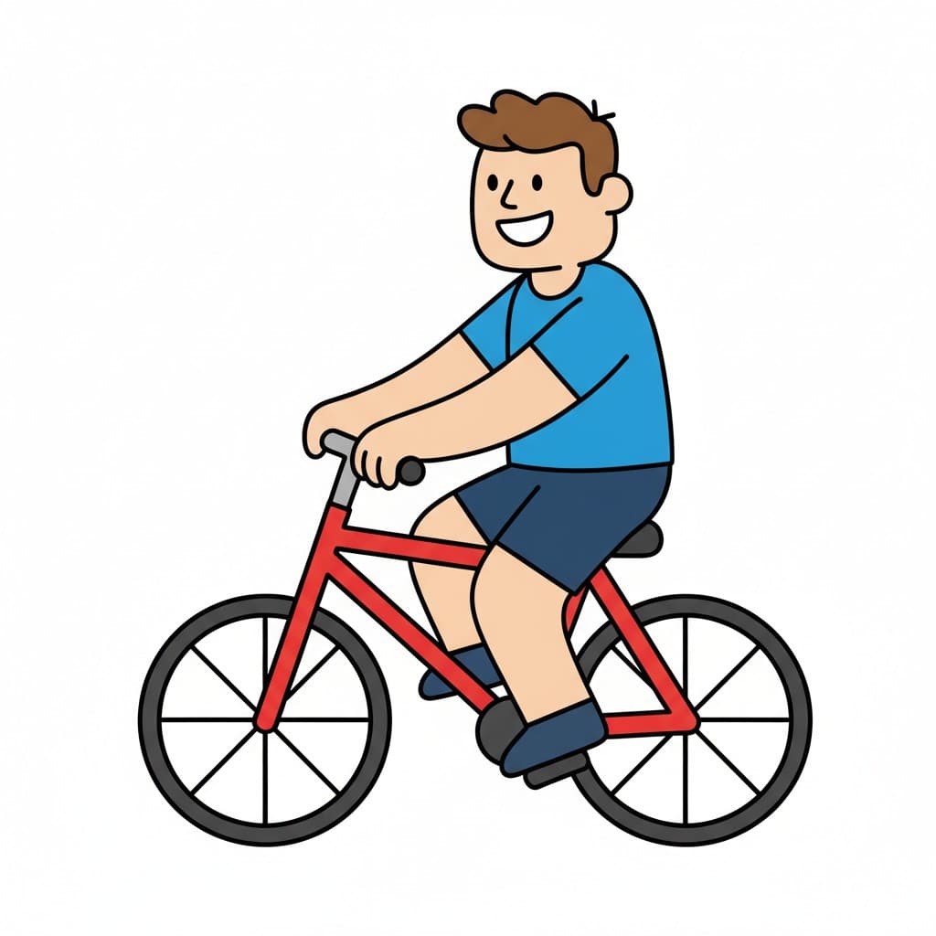 En illustration av en pojke som cyklar på en röd cykel.