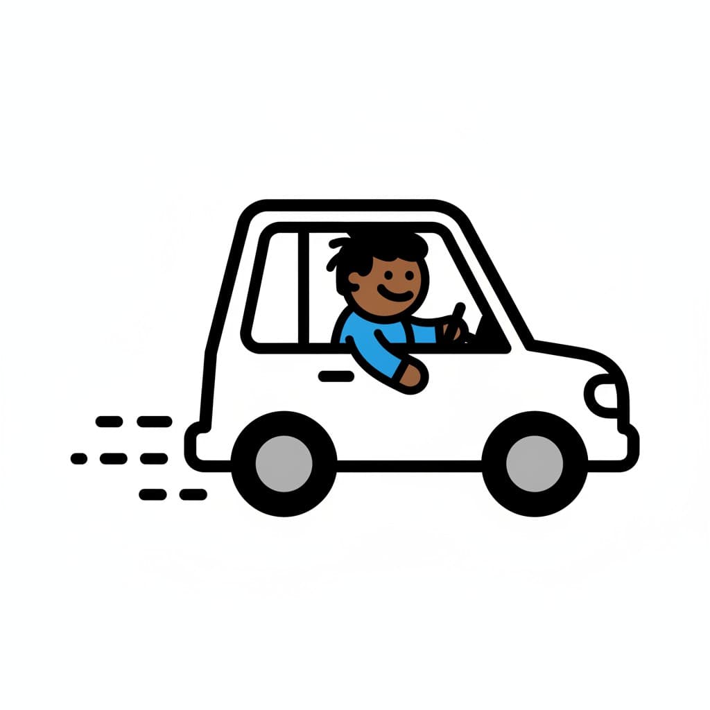En pojke i blå tröja sitter i en vit bil och vilar armen i det öppna sidofönstret medan bilen rullar framåt.