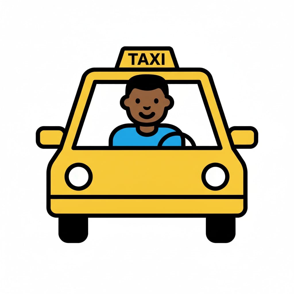 A boy sits in a yellow taxi seen from the front.