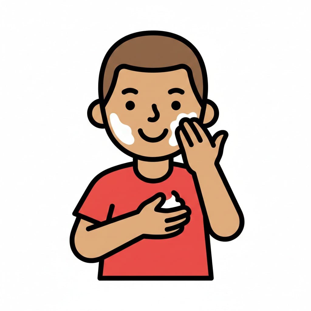 A boy rubs sunscreen onto his cheek with his hand.