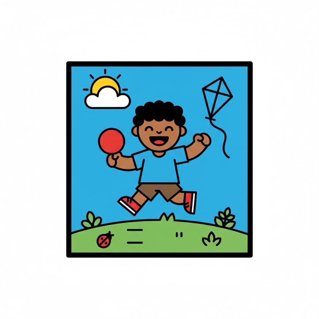 En glad pojke springer utomhus och håller i en röd boll. En drake syns i himlen. Solen skiner med en molnig himmel.