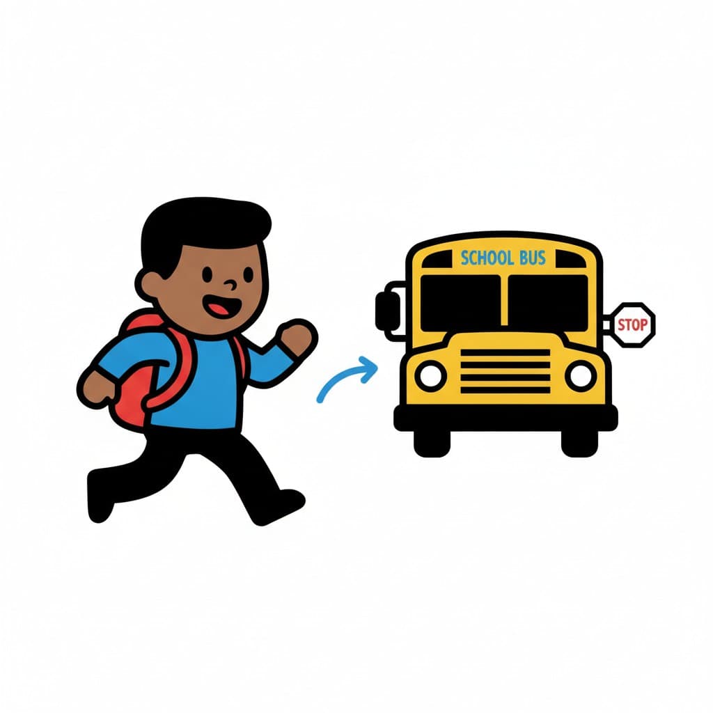 En dreng med rød rygsæk løber hen mod en gul skolebus.