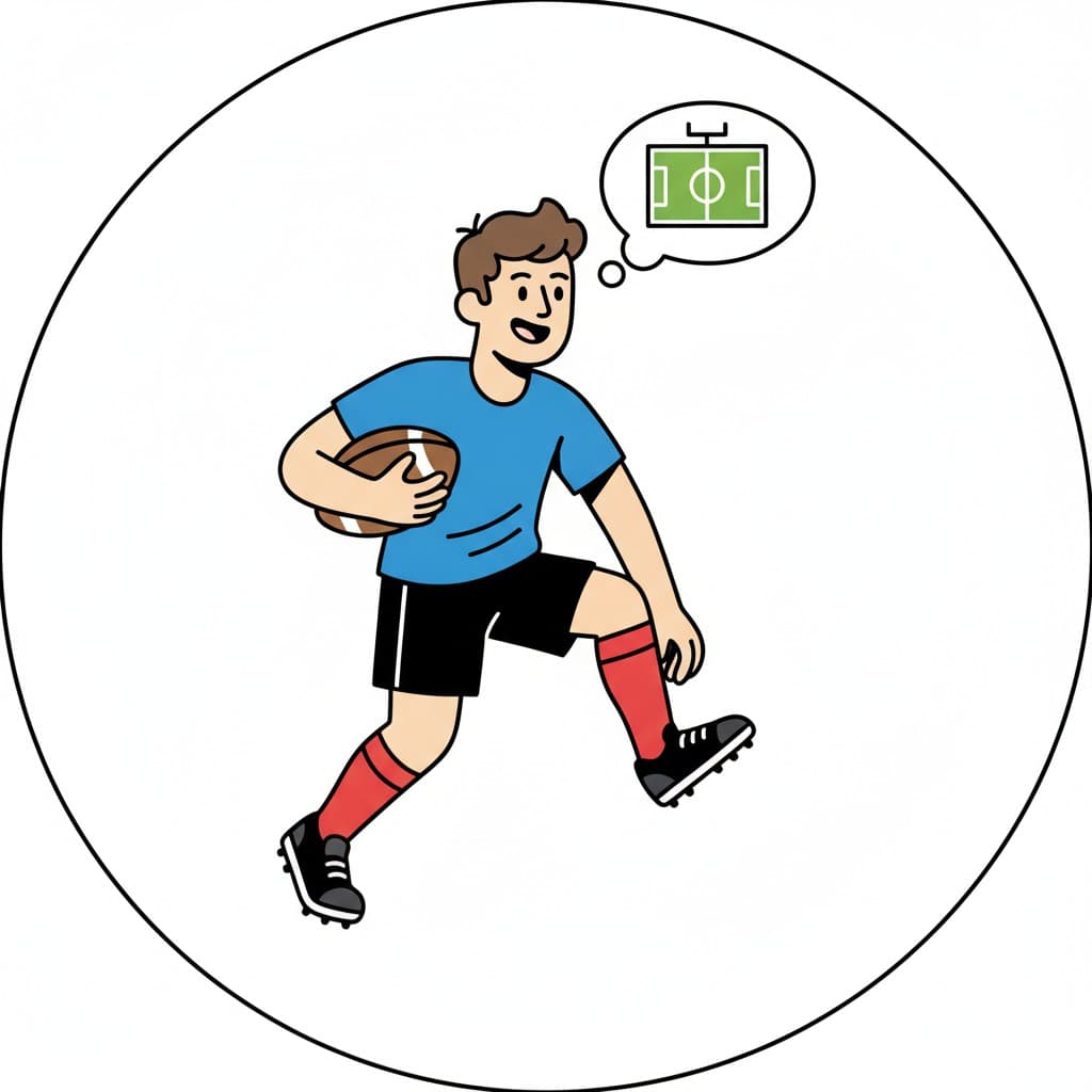 Ein Junge in Trikot und Stollenschuhen läuft mit einem Ball unter dem Arm und denkt an das Spielfeld.