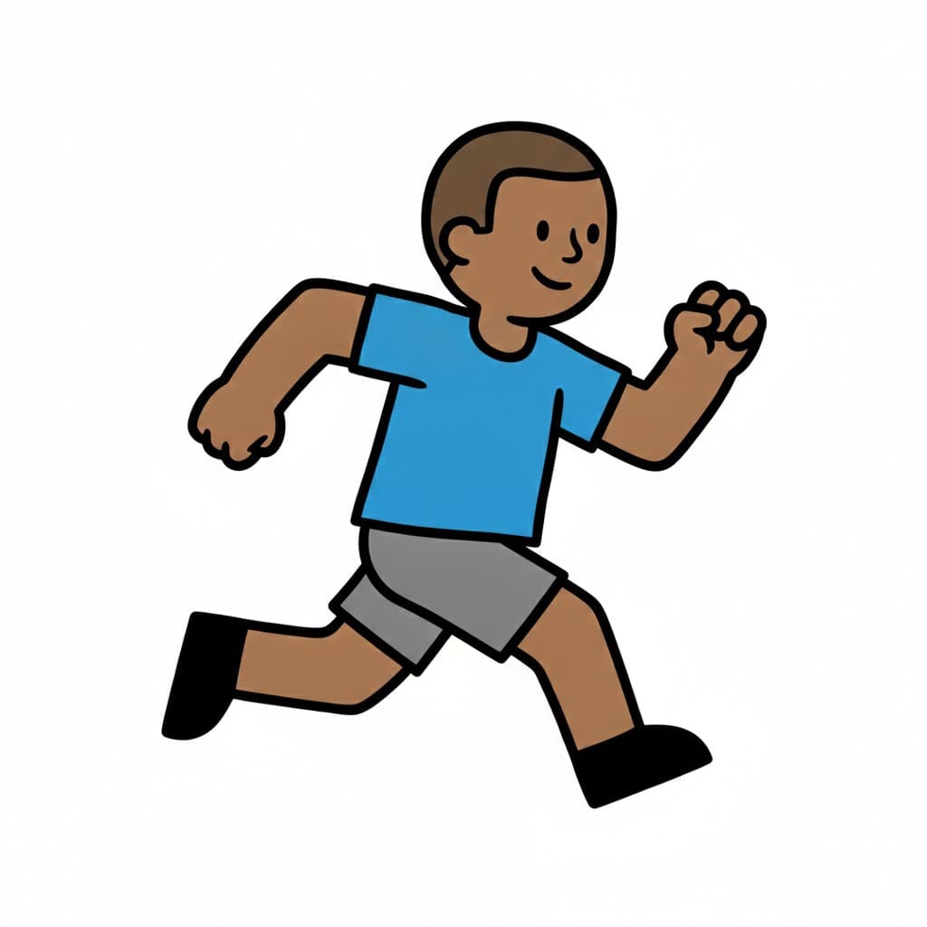 A boy in a blue t-shirt and shorts runs forward with his arms swinging.