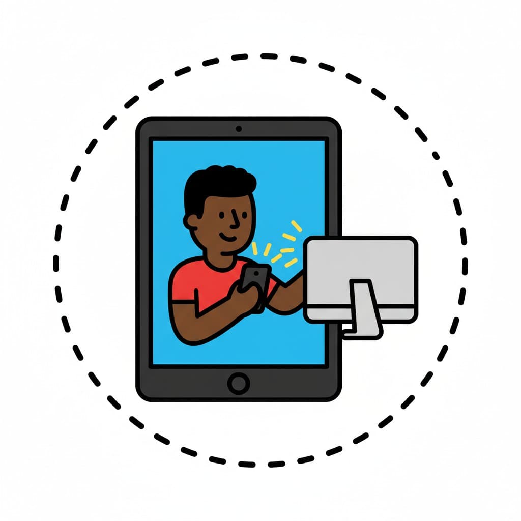 Illustration af en dreng inde i en tablet, der holder en telefon med en computerskærm ved siden af. En stiplet cirkel omgiver tablet'en.