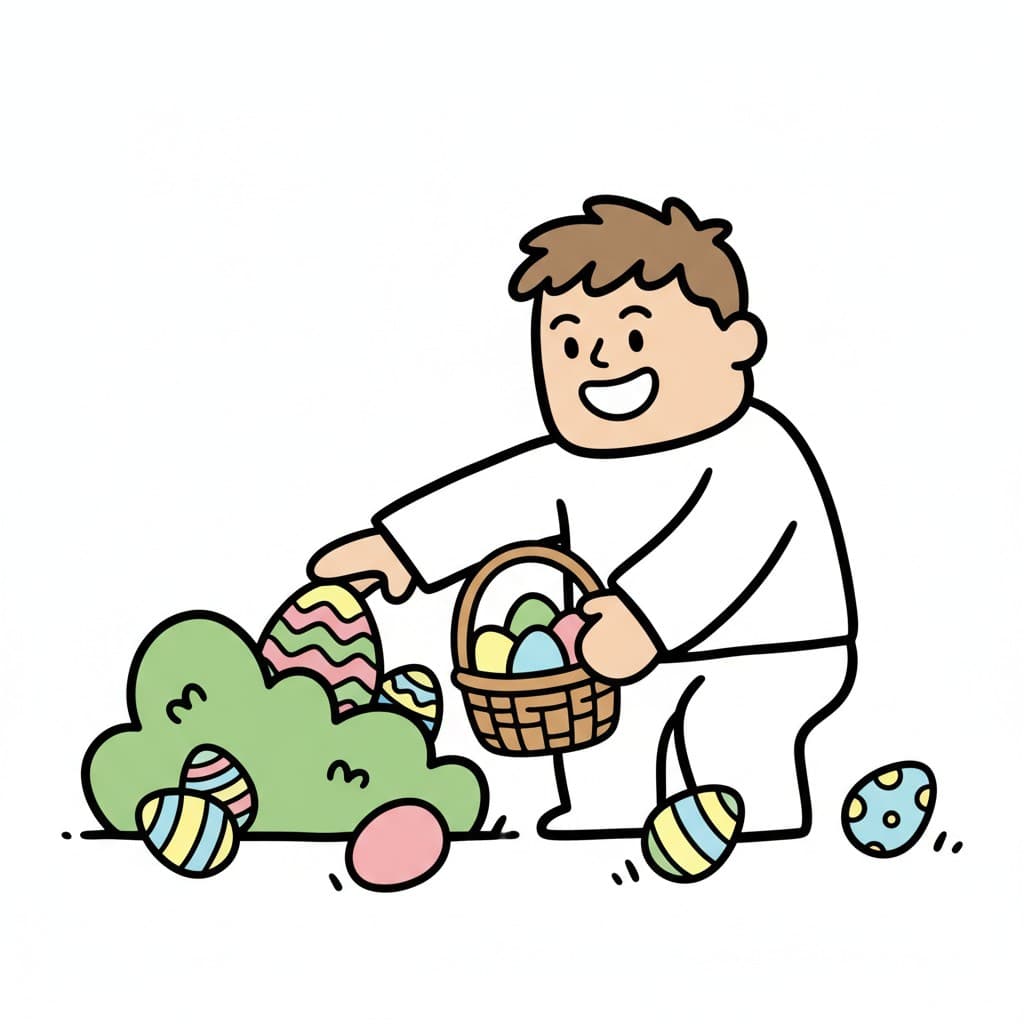 En pojke sträcker sig in i en buske för att hitta påskägg. Han har en korg fylld med ägg.