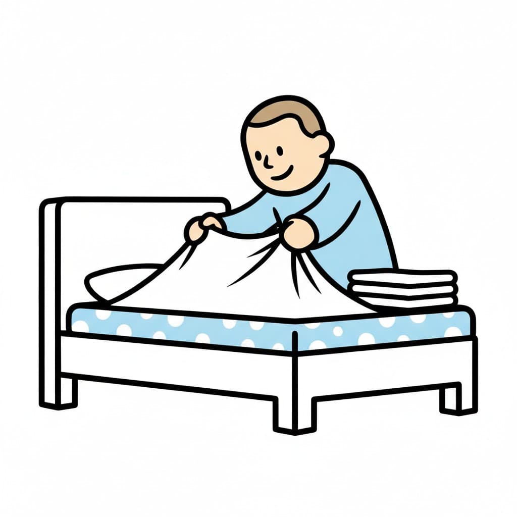 A boy in a light blue top shakes a white sheet out over a spotted mattress, with folded linen stacked at the foot of the bed.