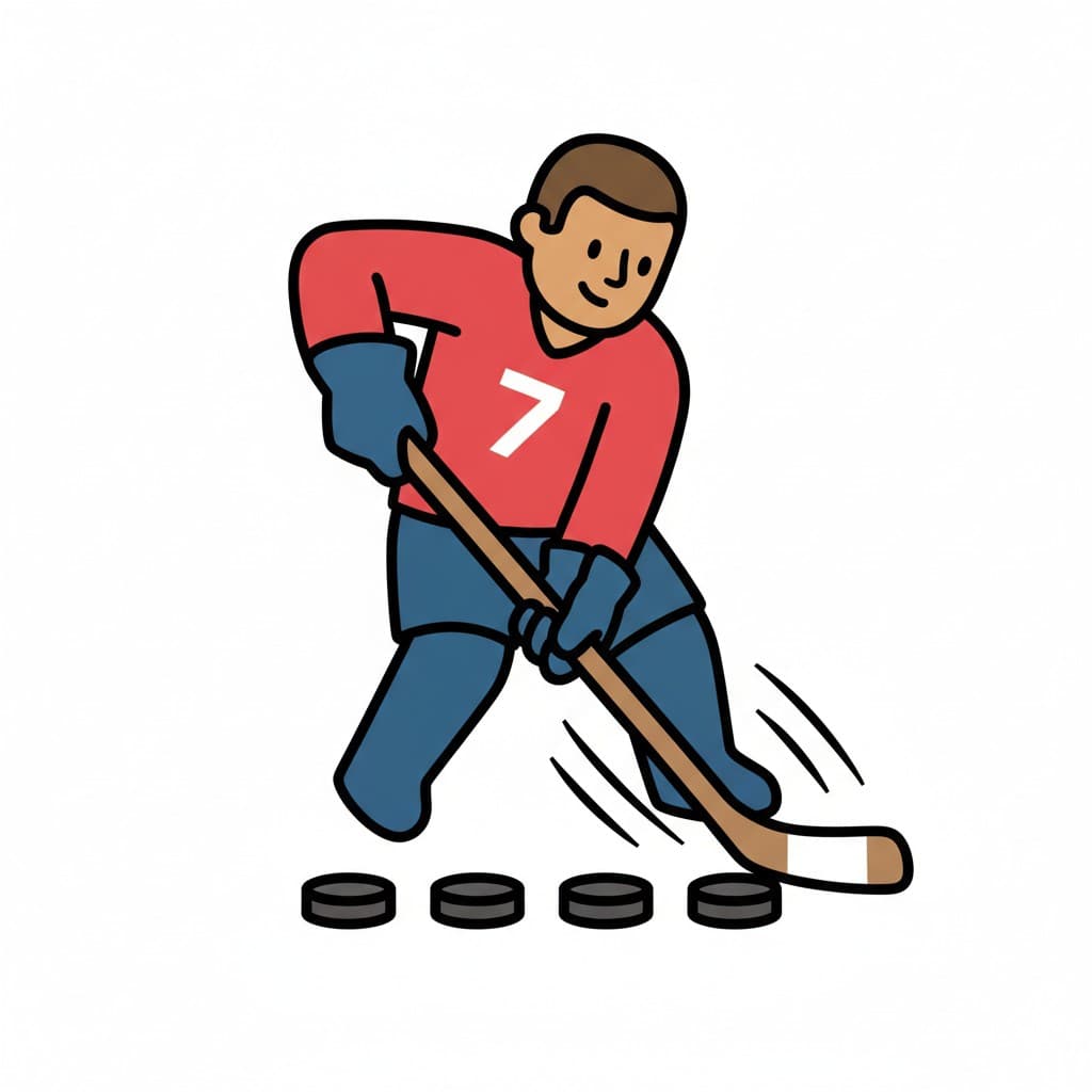 An illustration of a person playing ice hockey, holding a stick and shooting pucks.