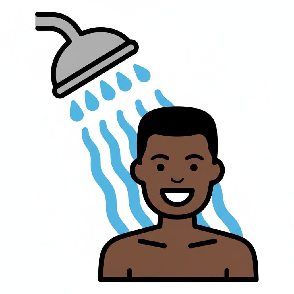 A person taking a shower with water flowing from the shower head.