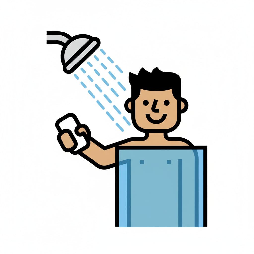 A person in the shower holding a bar of soap, washing.