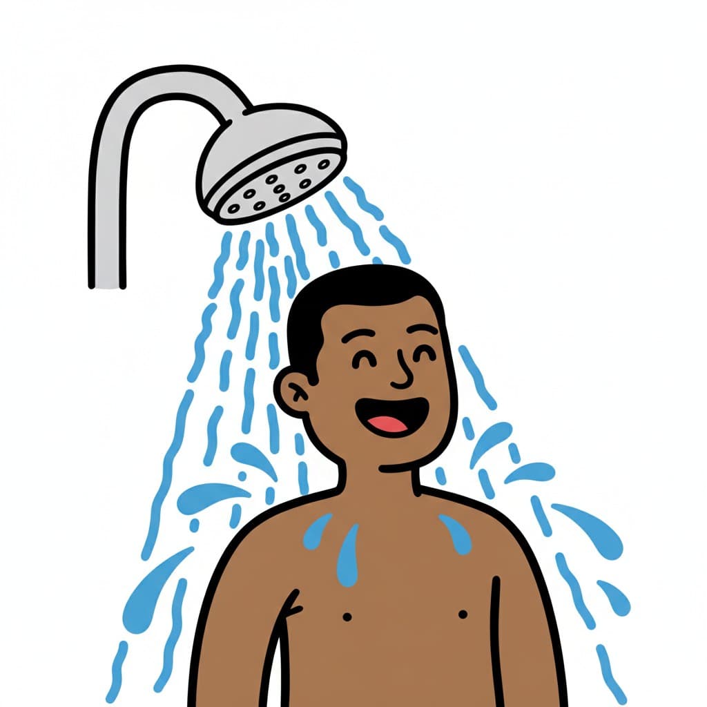 An illustration of a boy with soap on his body, holding a sponge and a towel, standing under a shower.