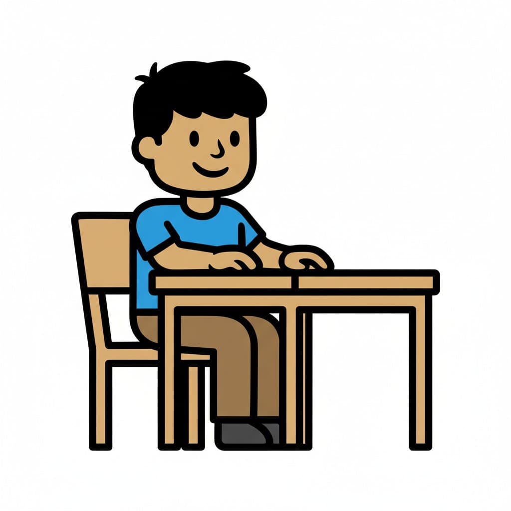 En pojke sitter vid ett tomt bord.