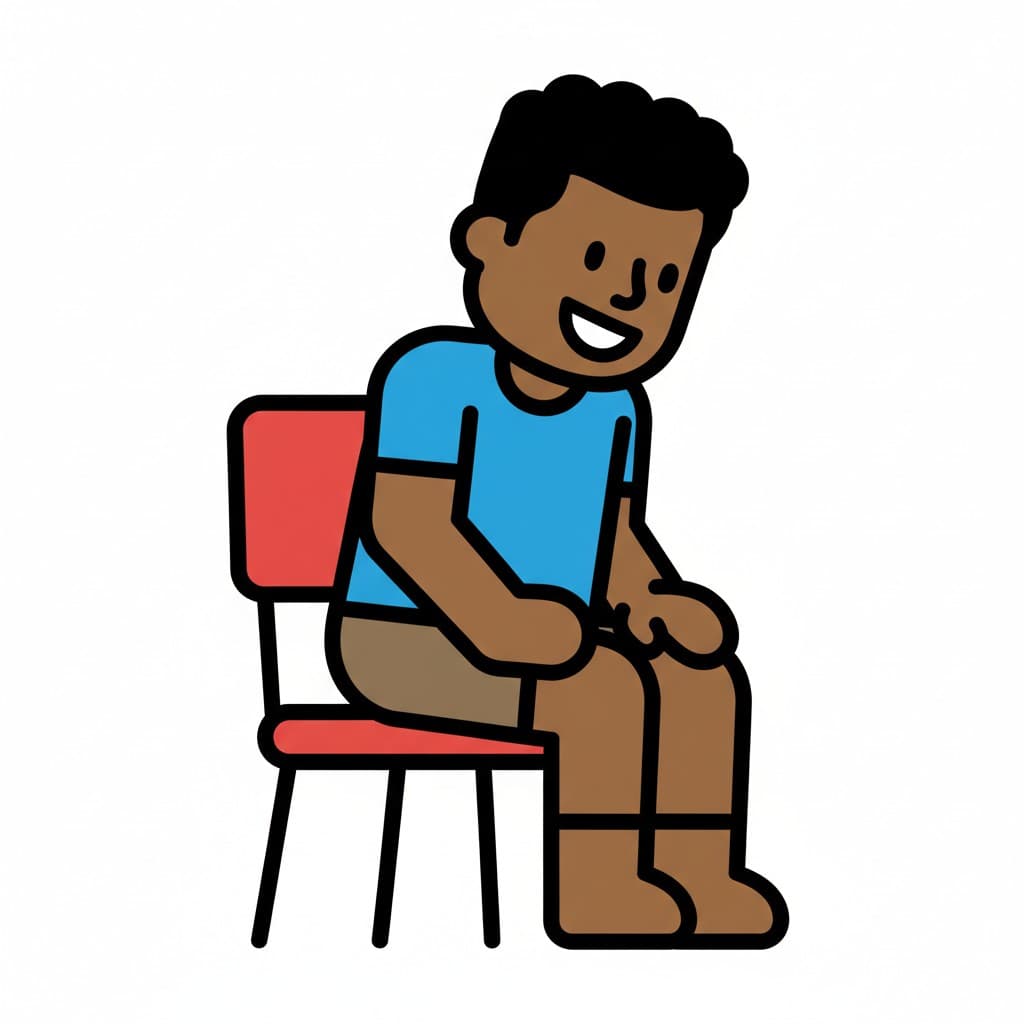 A smiling boy in a blue shirt and brown shorts sits on a red chair, looking forward.