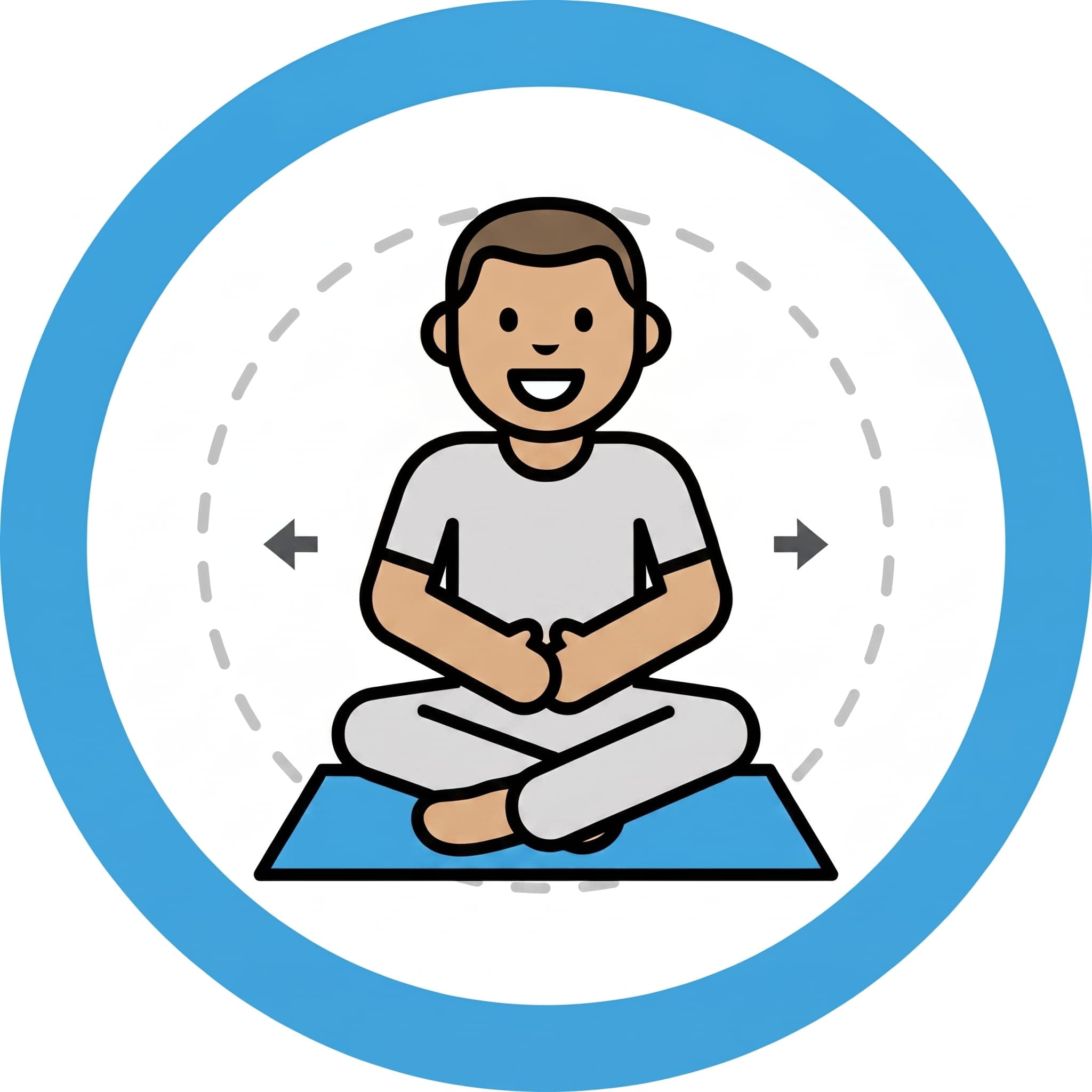 A boy sits cross-legged on a blue mat and stays calmly within his own space.