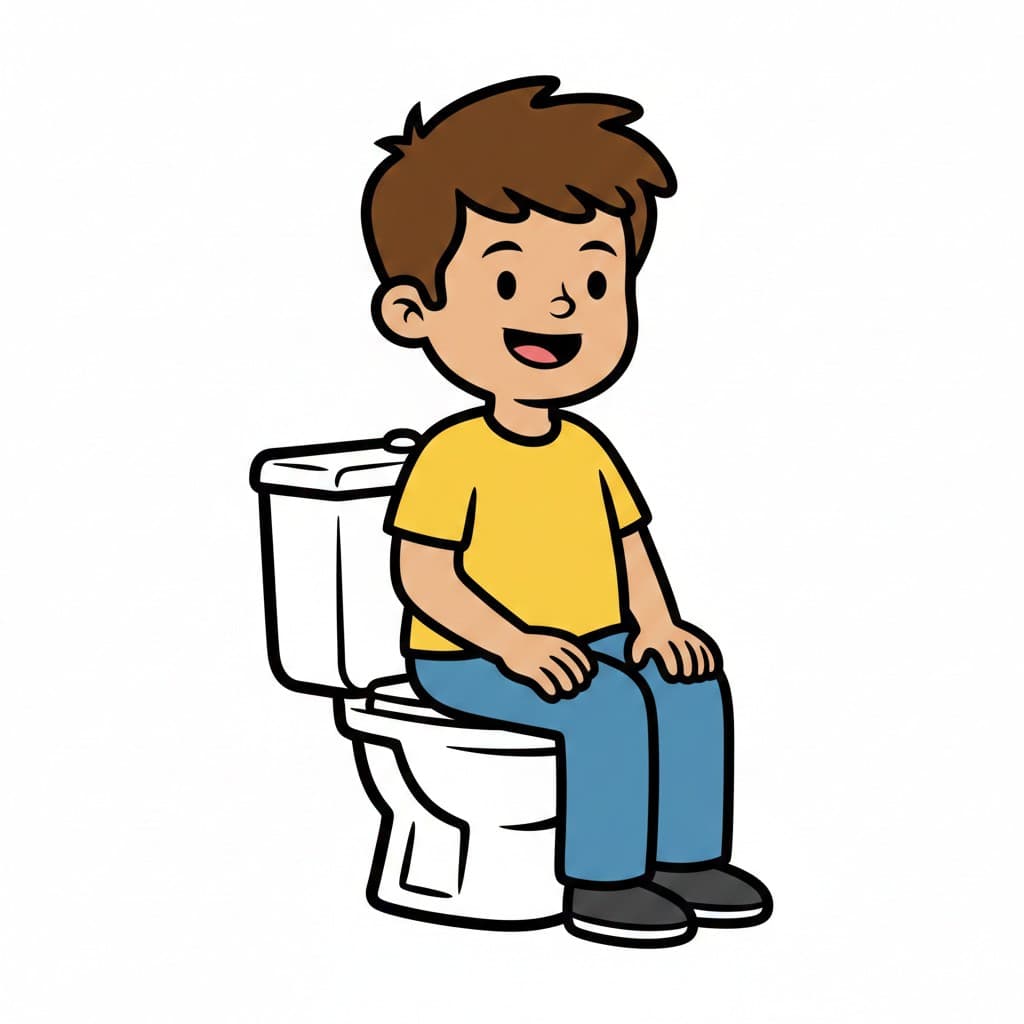 En glad kille sitter på toaletten.