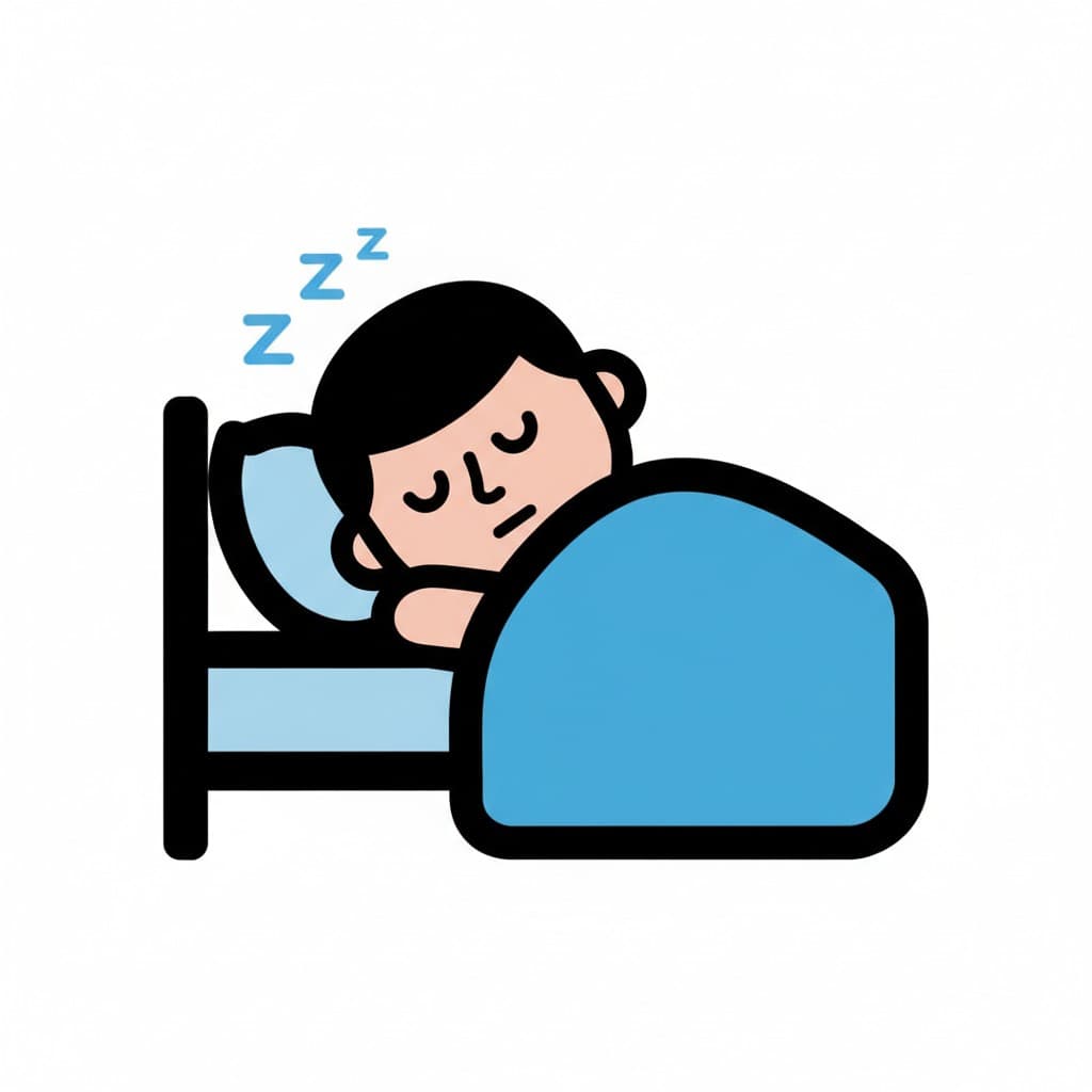 En person sover i en säng, täckt av ett blått täcke, med 'Z'-symboler som indikerar sömn.