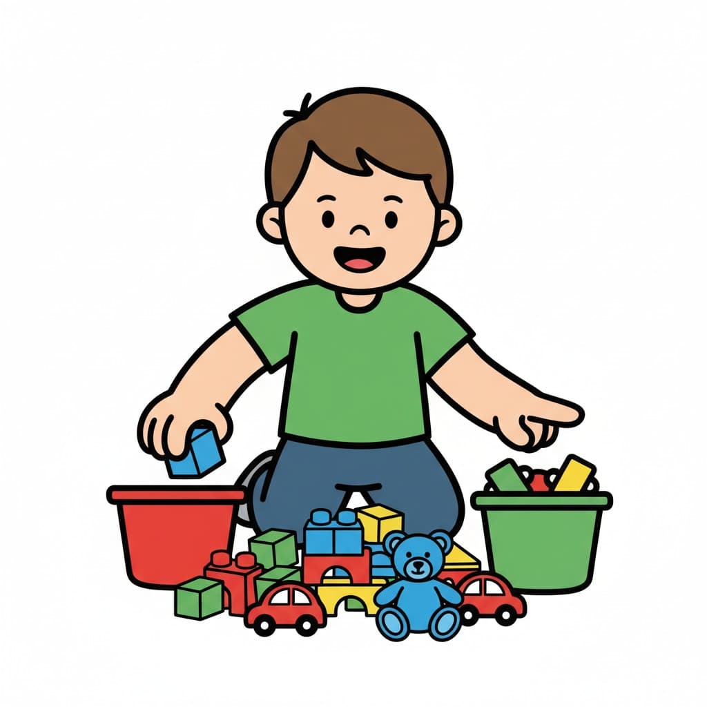 A boy kneels, sorting toys into buckets. He places a blue building block into a red bucket. Various toys like blocks, cars, and a teddy bear are on the floor.