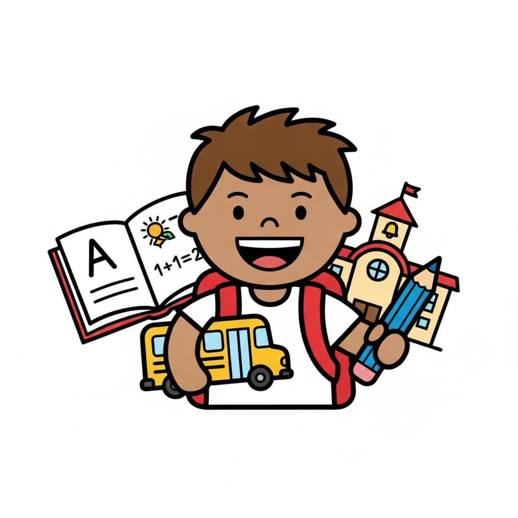 A happy boy wearing a backpack is surrounded by a book, a school bus, a pencil and a school building.