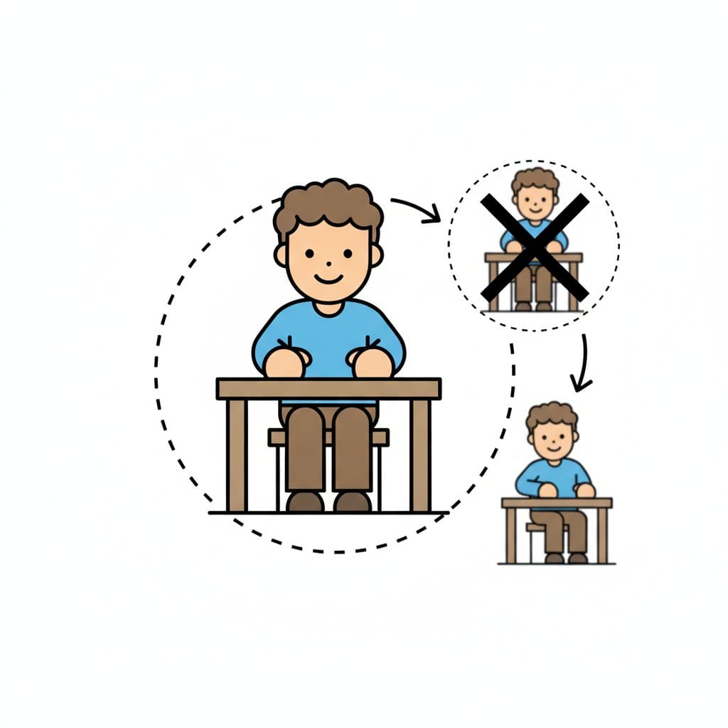 A boy sits with his hands on the table, while a crossed-out picture shows that leaving the seat is not okay.