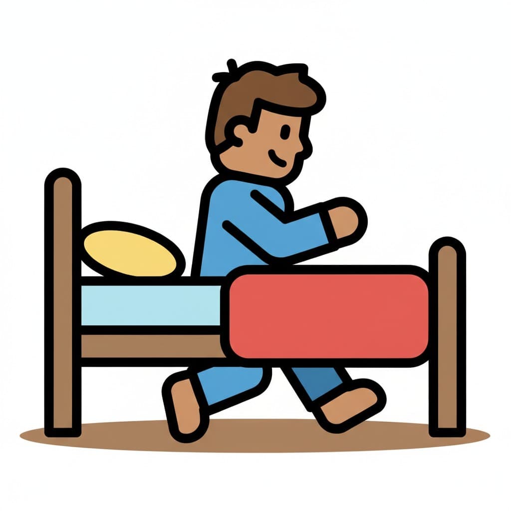 Ein Junge im blauen Schlafanzug schwingt die Beine aus dem Bett und stellt die Füße auf den Boden, dahinter ein gelbes Kissen und eine rote Decke.