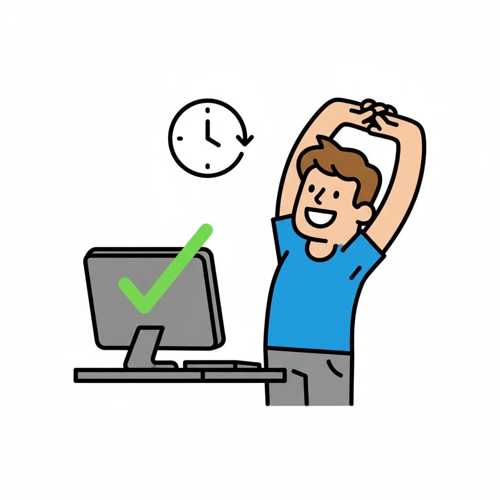 A person stretches with arms above their head next to a computer monitor with a green checkmark and a clock indicating a break.