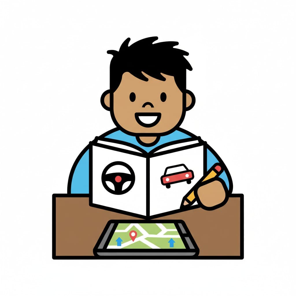 Ein Junge sitzt an einem Tisch und studiert ein Fahrschulbuch mit einem Lenkrad und einer Autoillustration. Er hat einen Bleistift und ein Tablet mit einer Karte vor sich.