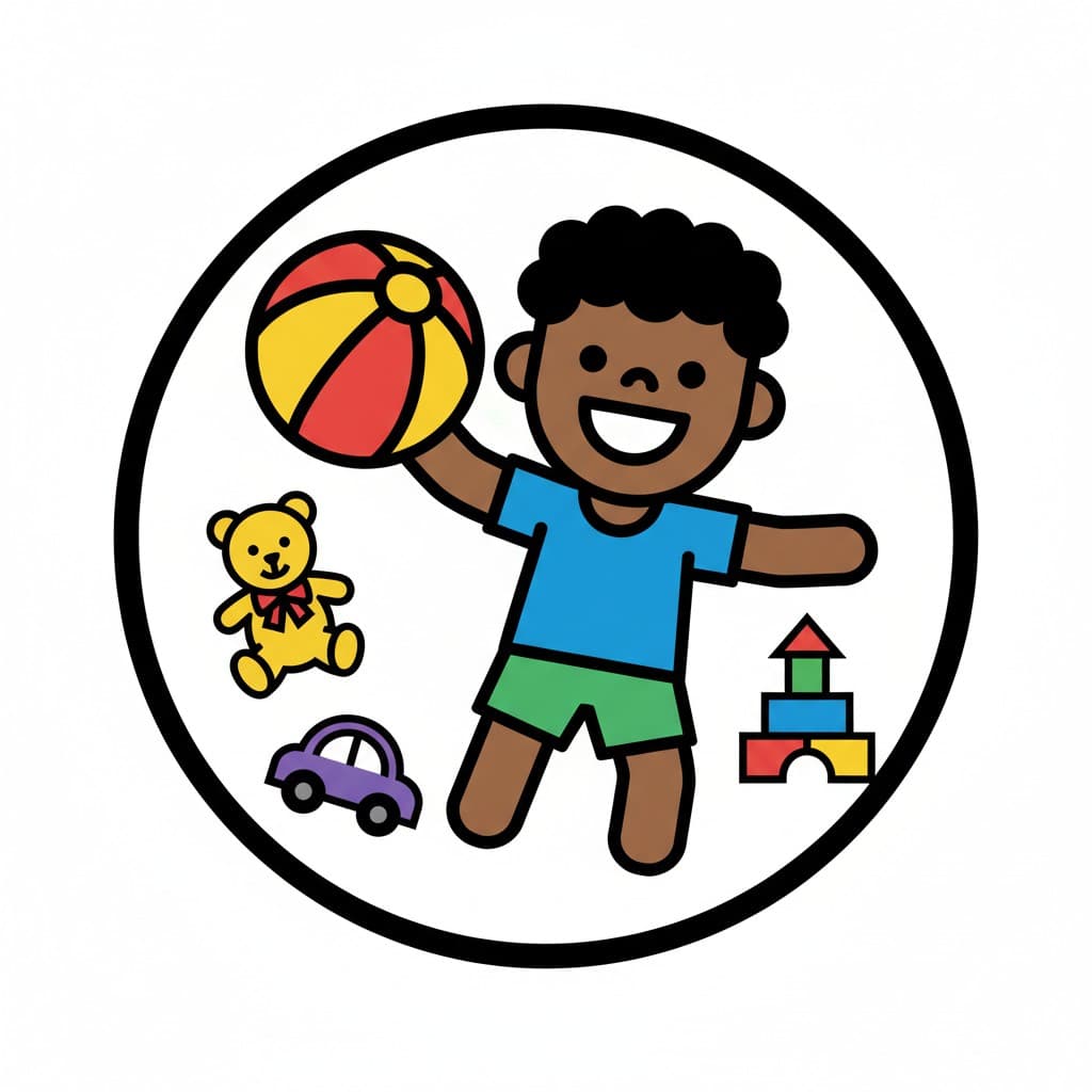 Ein fröhlicher Junge hält einen bunten Ball, umgeben von einem Teddybär, einem lila Auto und Bauklötzen, alles in einem Kreis.