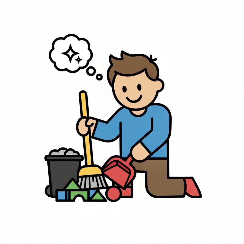 A boy kneels and sweeps toy blocks into a red dustpan with a yellow broom beside a bin, while a thought bubble shows a sparkle.
