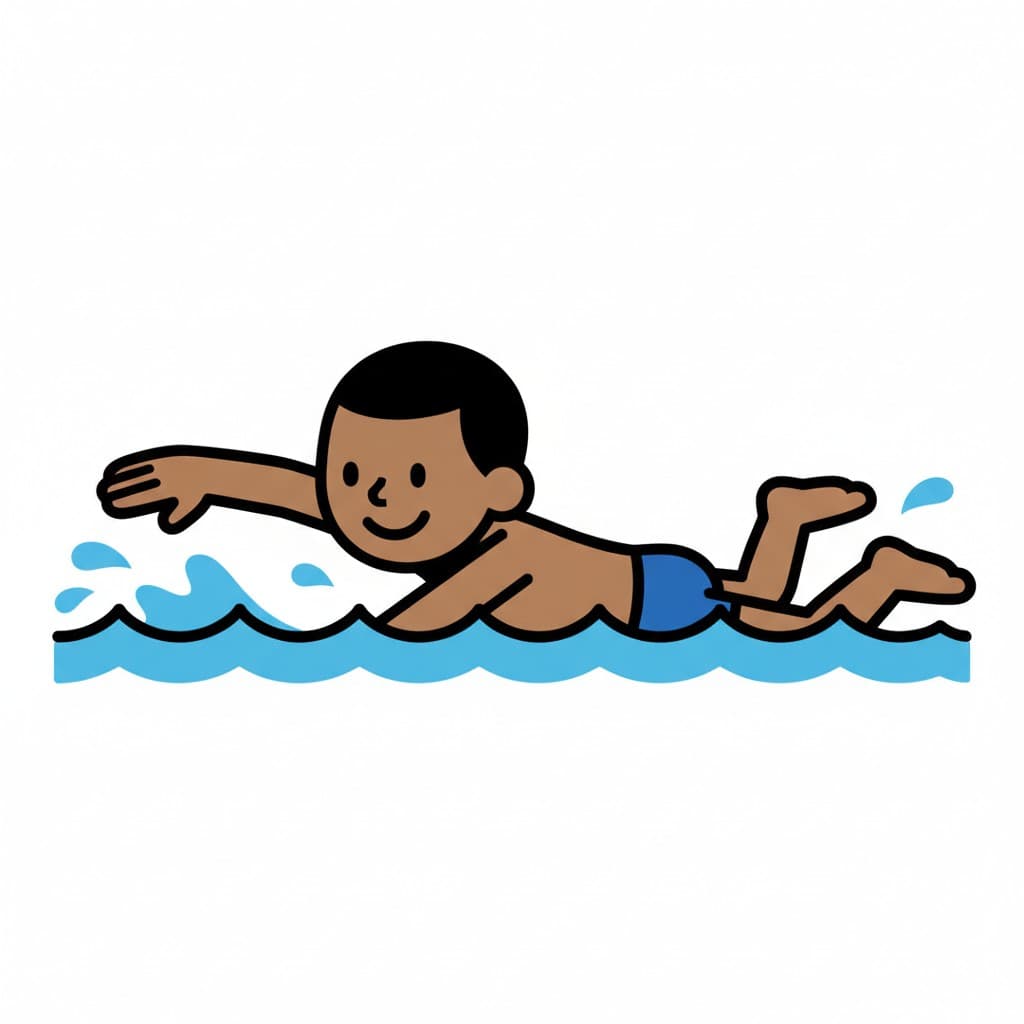 En pojke med mörkt hår simmar frisim i vatten med stänk.