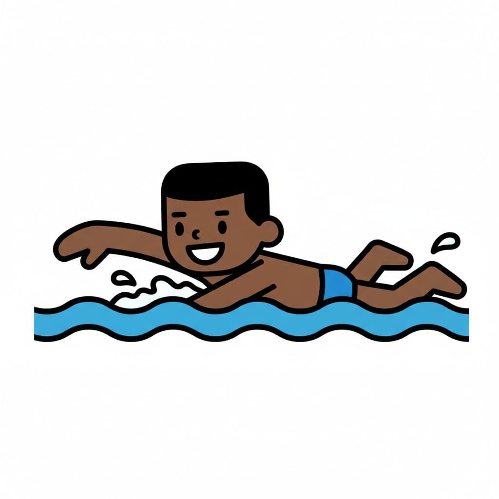 En pojke med mörkt hår simmar frisim i vatten med stänk.