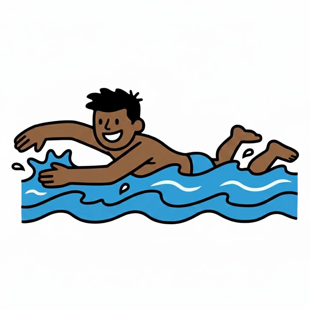 En pojke med mörkt hår simmar frisim i vatten med stänk.