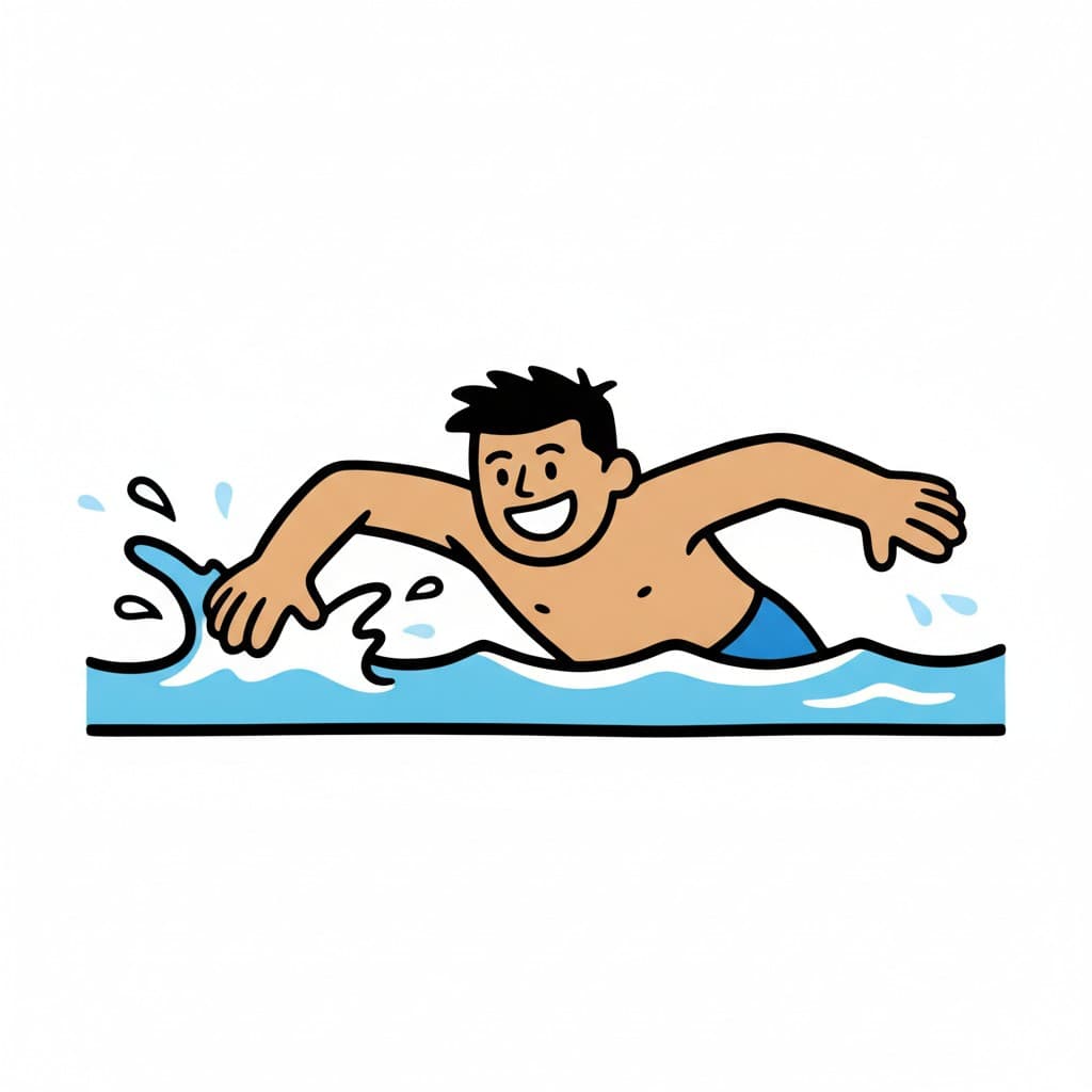 A boy swims forward through blue water.