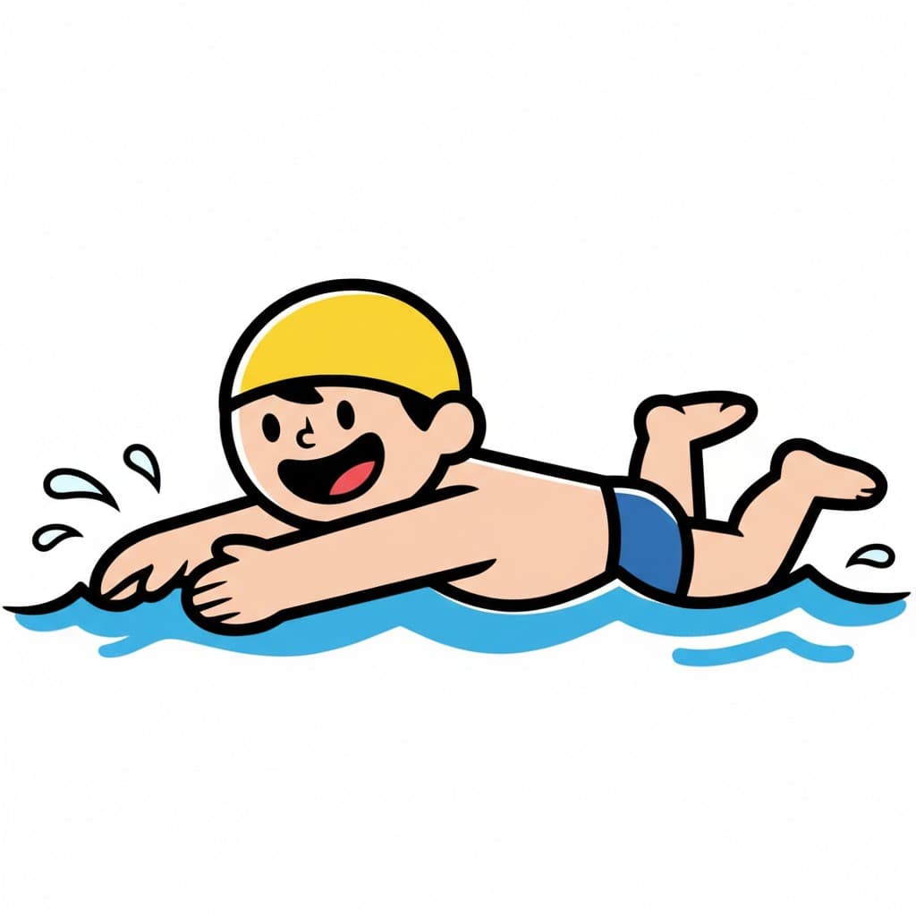 En tecknad pojke med gul badmössa och blå badbyxor simmar i vattnet.