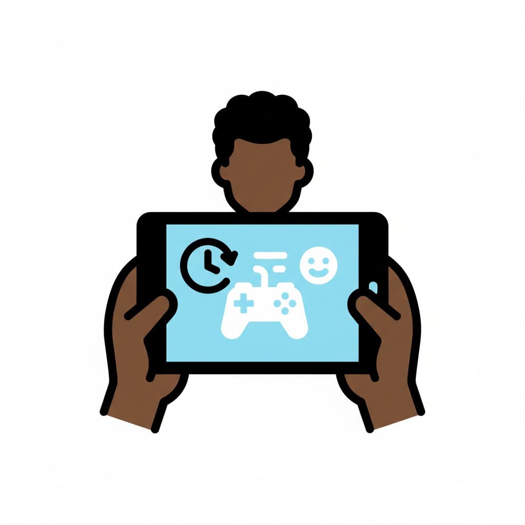 Illustration af hænder, der holder en tablet med et gamepad-ikon, et ur-ikon og et glad ansigts-ikon på skærmen.