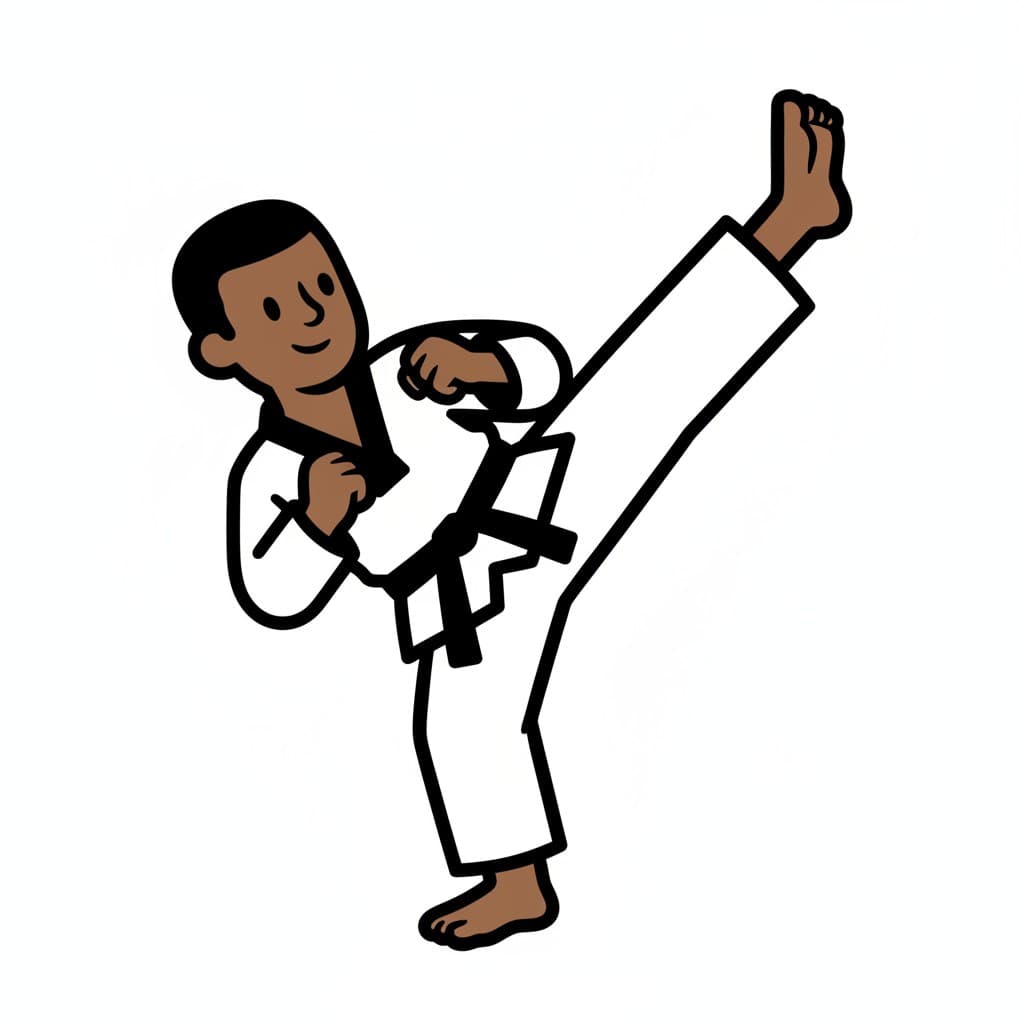 A boy in a white taekwondo uniform with a black belt performs a high kick.
