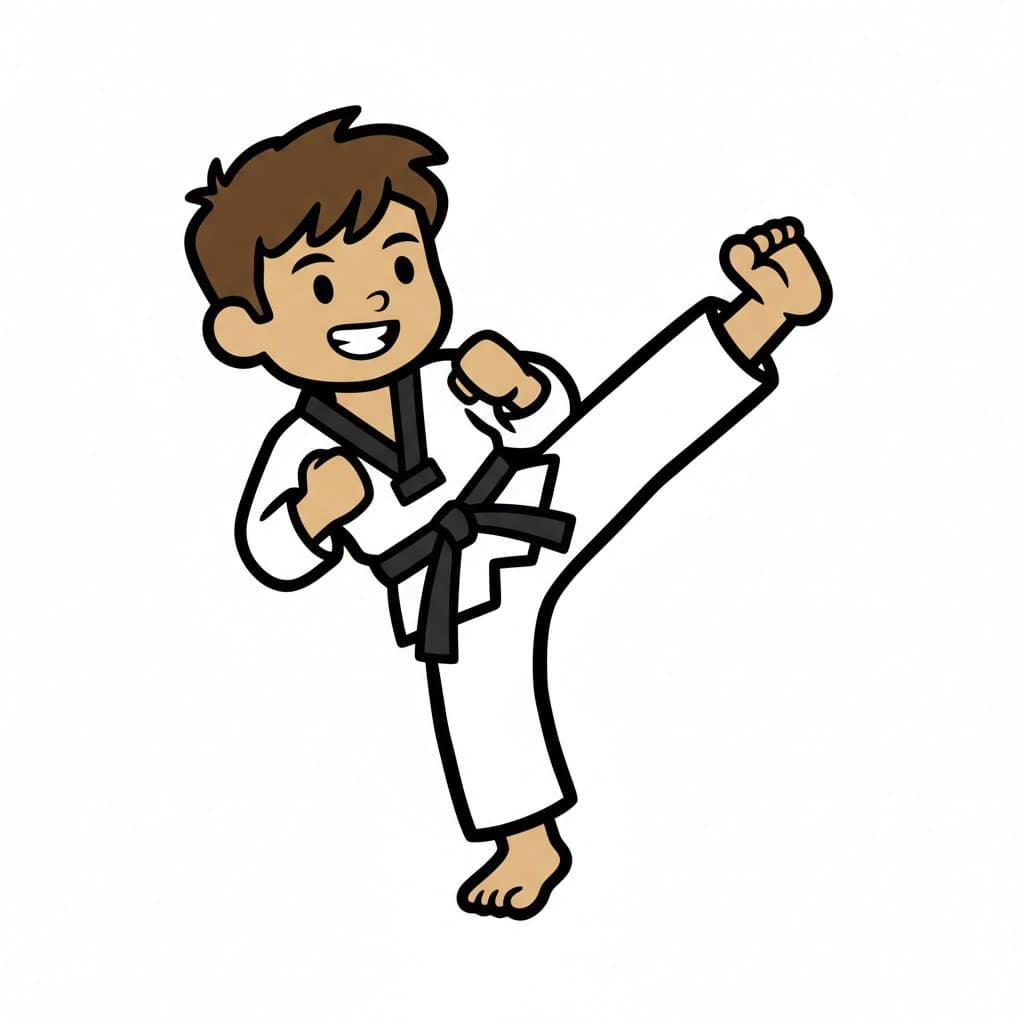 A boy in a white taekwondo uniform with a black belt performs a high kick, smiling.
