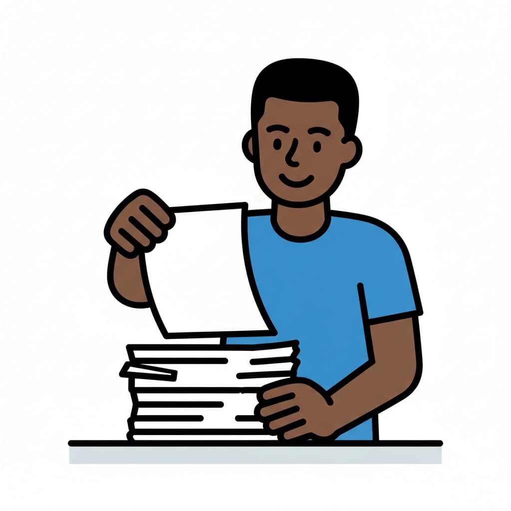 An illustration of a boy taking a sheet of paper from a stack on a table.