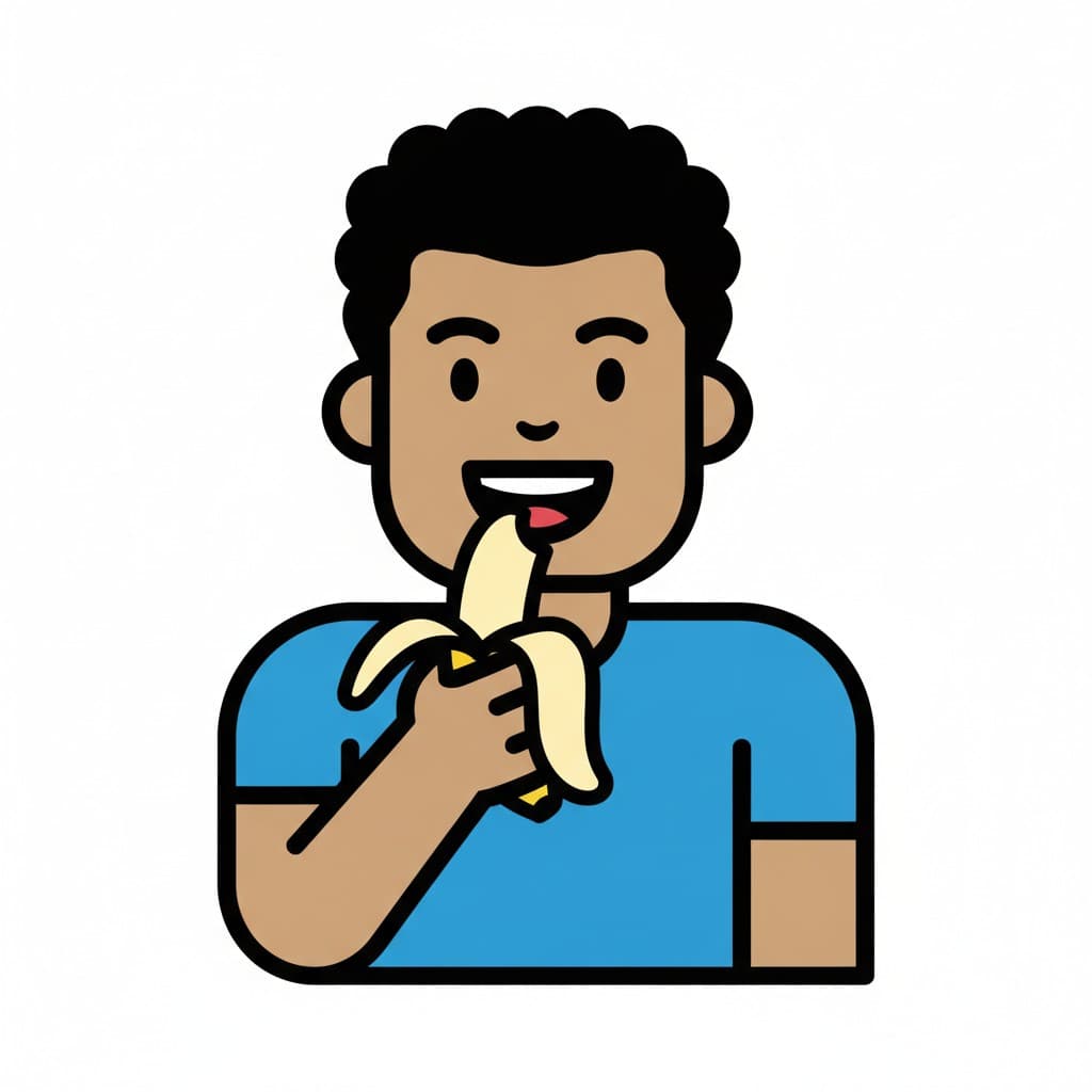 Ein Junge beißt in eine Banane, die zur Hälfte geschält ist.